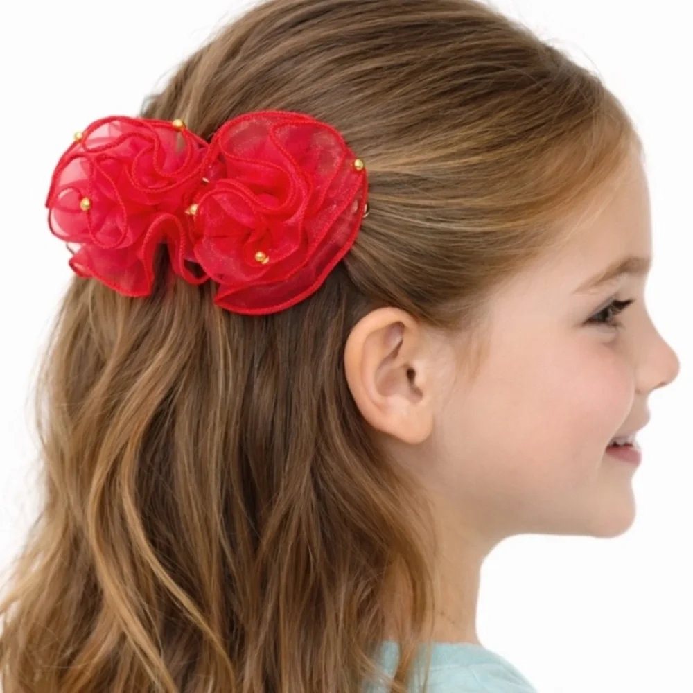 Girl’s handmade pink mesh gold beaded hair bow